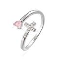 Detailed close-up of adjustable silver ring with pink heart stone and zircon cross - Silver Pink Heart Cross