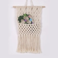 Handmade macrame wall hanging storage pocket in cream cotton rope with wood rod - Wooden Stick Pocket Hanging
