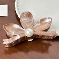 Brown marble pattern butterfly hair claw clip with large pearl center on dark wood - Coffee Flower Claw-11.5cm