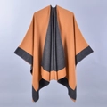 Orange and camel split-front knit poncho wrap for women with charcoal grey trim accents - Orange and Dark Gray Color Block