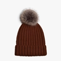 Caramel brown ribbed knit beanie with a grey faux fur pompom for winter warmth - Adult Size (56-60cm) / Coffee
