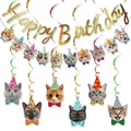 Detail of glitter Happy Birthday banner and cute cat hanging swirls for pet party - Script Birthday with Cat Garland and Swirl Set
