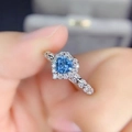 Elegant silver open ring with a blue heart-shaped topaz stone and diamond accents - Ljz-141 / Adjustable Open