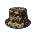 Black bucket hat with golden Happy Birthday print and festive patterns on a white background - Happy Birthday Print / Black