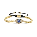 Verstellbares goldenes Perlenarmband mit blauem Zirkonia-Auge auf weißem Hintergrund - Böses Auge