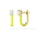 Detail of gold U-shaped earrings with vibrant yellow enamel and sparkling zircon - Yellow