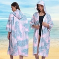 Pink hooded microfiber beach poncho with light blue palm leaf print and front zipper - Sleeved Zipper Style - Pink Fine Leaves
