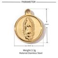 Polished stainless steel Virgin Mary pendant showing 18mm by 15mm dimensions - Gold Round Virgin Mary Relic Pendant (VG197)