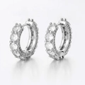 Macro view of silver huggie hoop earrings with micro-pave cubic zirconia stones - Screw Design Hoop / Silver