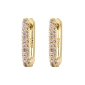 Macro view of gold S925 sterling silver hoop earrings set with purple zircon stones - Gold Rectangle Purple Zirconia Ear Buckle