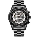 Skeleton automatic mechanical watch for men featuring a full black steel strap and gear detail - Black