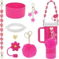 Pink accessories set for Stanley cup with silicone boot and flower charms - Rose Red