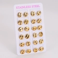 Set of 12 pairs gold stainless steel coffee bean stud earrings on display card - 12 Pairs Set / Gold (12.5*10.5mm)
