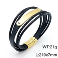 Pulsera multicapa de cuero trenzado negro para hombre con placa de acero dorado - Dorado