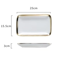 White rectangular ceramic tray with gold rim, measuring 25x15.5x3cm for steak or cake - 10 Inch Rectangular Plate / Gold Rim
