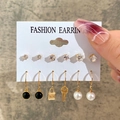 Set of 6 pairs of gold-plated alloy earrings with pearls, rhinestones and charms - Gold 6-Pair Set - Lock Key Rhinestone