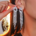 Sparkling silver rhinestone long tassel earrings featuring a heart-shaped dangle design - Silver Pointed Bottom Tassel