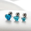 Three sizes of blue heart-shaped zirconia ear studs with silver steel screw backs - 4mm Zirconia (Single) / Aqua