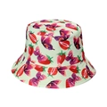 Close-up of strawberry and butterfly print on light green canvas bucket hat detail - Strawberry Butterfly Print (V)