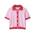 Cardigan in maglia a maniche corte rosa e rosso con colletto polo e cuciture a contrasto - S / Rosa