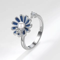 Adjustable S925 silver spinning ring with blue daisy flower, pearl and butterfly - AJ520 Silver Daisy Butterfly S925
