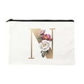 White canvas makeup bag with floral letter N and golden zipper closure for daily use - Letter N