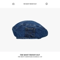 Trendy dark blue washed denim beret hat with a pocket design and stitch detailing - M / Dark Blue
