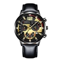 Men's quartz watch featuring a black leather strap and black dial with gold accents - Black Gold Leather Strap