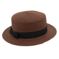 Detailed view of dark brown woven boater hat featuring a black ribbon bow decoration - Coffee