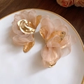 Elegant champagne chiffon flower drop earrings with a vintage gold leaf metal accent - Coffee Flower / Coffee/Gold