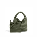 Olive green woven tote set with hobo shoulder bag and matching zippered clutch - Army Green