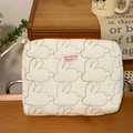 Quilted cotton makeup bag in cream white with red bunny embroidery and zipper - White Clutch Bag