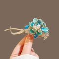 Elegant gold hair clip featuring blue gradient flower petals and a center pearl detail - Cyan Gradient Flower Twist Clip