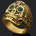Men's vintage gold skull ring with green gemstones and baroque engravings - US 8 / Gold
