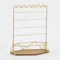 Golden metal jewelry stand with 10 hooks and a hexagonal wooden base tray for necklaces - Gold