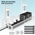 Under desk white mesh cable management tray with screw clamps and organizing accessories - Slanted White Semi-round Opening / White