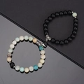 Natural stone couple bracelets with heart-shaped magnetic clasp and matte black beads - Amazonite & Frosted Black With Contrast Heart Magnet
