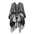 Women's knitted houndstooth shawl wrap in black and grey striped reversible design - Houndstooth Border-Black