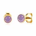 S925 silver stud earrings with golden finish, purple enamel smiley face design - Purple Enamel Smile Face Studs