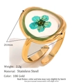 18K gold plated stainless steel ring with green dried flower acrylic inlay - Adjustable Open Style / Gold with Green Dried Flower