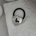 Chic silver mirror heart hair tie with black elastic band on stone pedestal - 00606-Heart Shaped-Silver