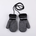 Gray knitted children mittens with black neck cord and striped cuffs on white background - 1-3 Years / Striped Cuff Lanyard Style / Dark Gray