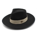 Detailed close-up of a black wide-brim fedora hat featuring a gold M logo buckle detail - M(56-58cm) / Black