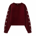 Sudadera granate de cuello redondo para mujer con detalles de ojales metálicos plateados - S / Burdeos