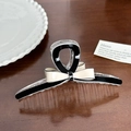 Elegant black and cream acetate bow hair claw clip on a dark wooden surface - Black Base Bowknot Large-13cm