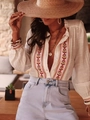Boho crèmekleurige blouse met borduursel, lantaarnmouwen en een stijlvolle V-hals - L / Broken Wit