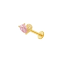 Golden heart piercing jewelry with pink gemstone and wing detail on white background - Gold Pink Heart Wing Lip Stud (LA24082303G)