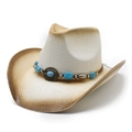 Western straw cowboy hat with turquoise beads and wide brim for sun protection - Creamy White & Coffee