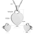 Silver stainless steel heart jewelry set with necklace and studs dimensions shown - Silver (SE121001S)