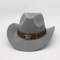 Detail of grey felt cowboy hat featuring brown leather band with silver star and studs - One Size / Gray